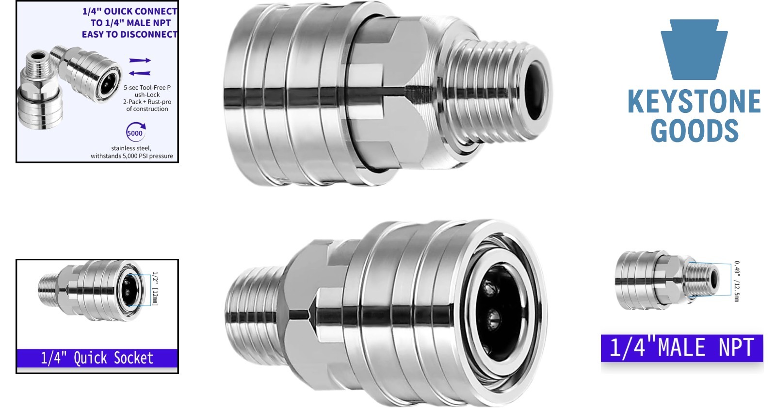 2-Pack Stainless Steel 1/4″ Pressure Washer Quick Connect Fittings Profession…