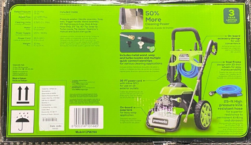 Greenworks 2000 PSI 1.2 GPM Electric Pressure Washer 25Ft Hose 35Ft Cord GPW2100