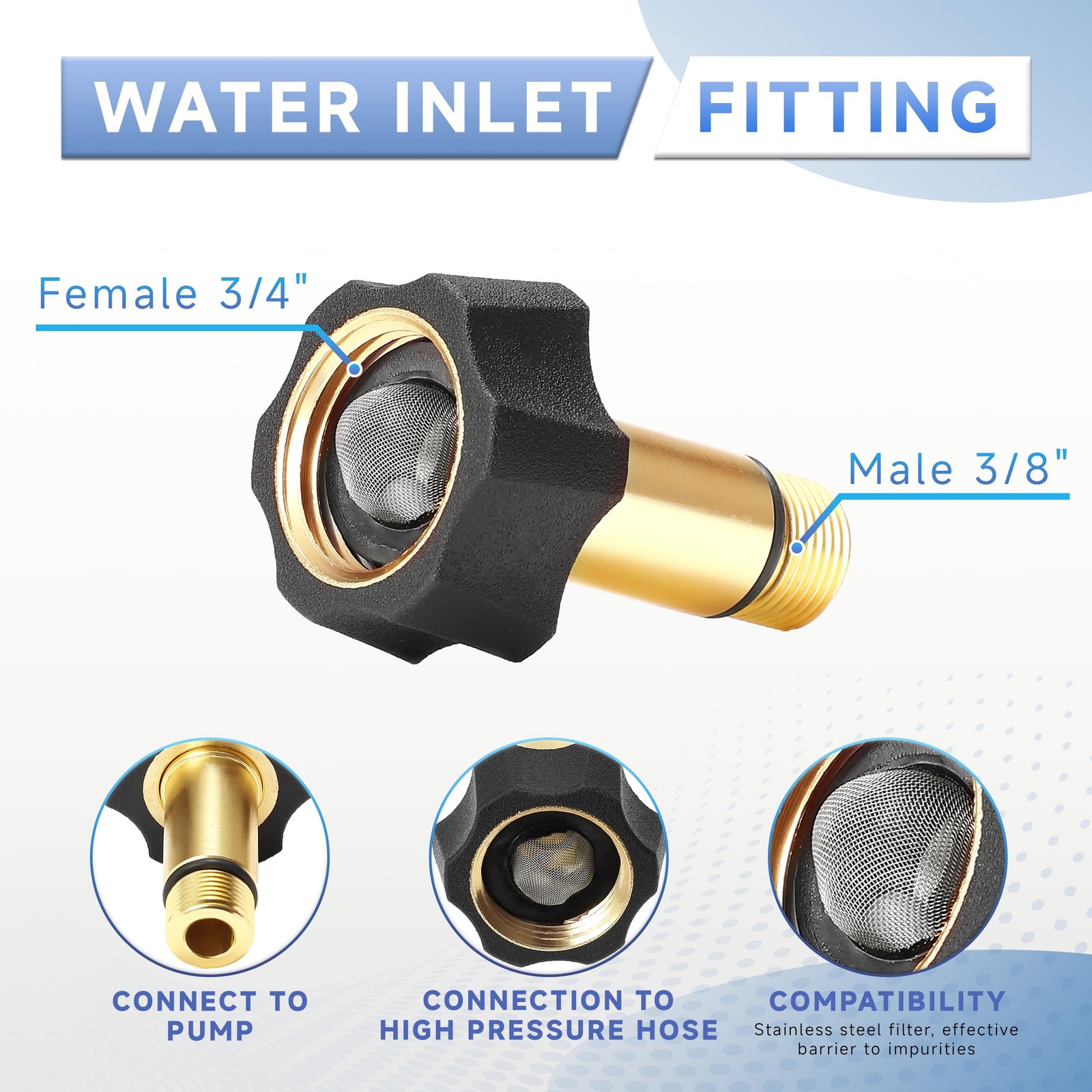 Pressure Washer Pump Parts Water Inlet Fitting, 3/4″ Female to 3/8″ Male Pres…