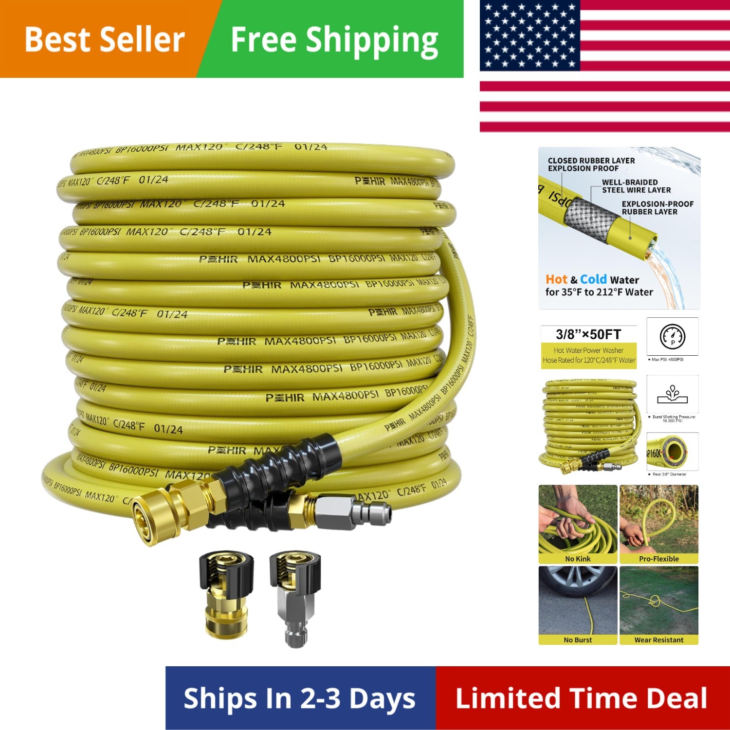 50ft Pressure Washer Hose 3/8″ 4800 PSI, Power Washer Hose with 3/8 Quick Con…