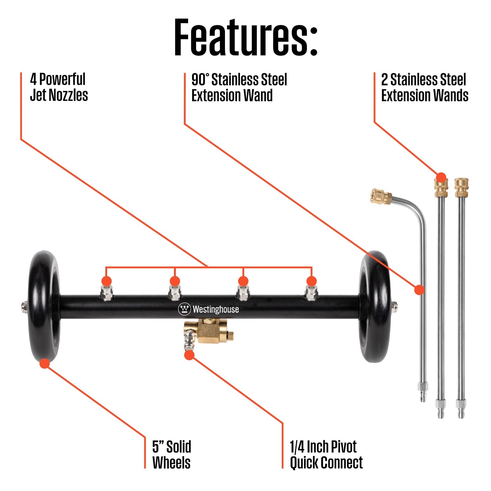16″ Pressure Washer Undercarriage Cleaner & Water Broom – 4400 PSI, 1/4″ Connect