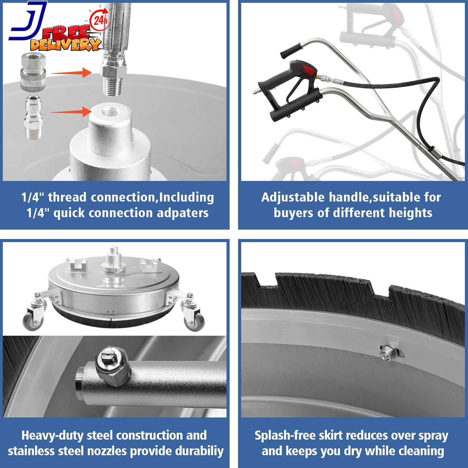 24” Pressure Washer Surface Cleaner with 4 Wheels Dual Handle Stainless Steel H