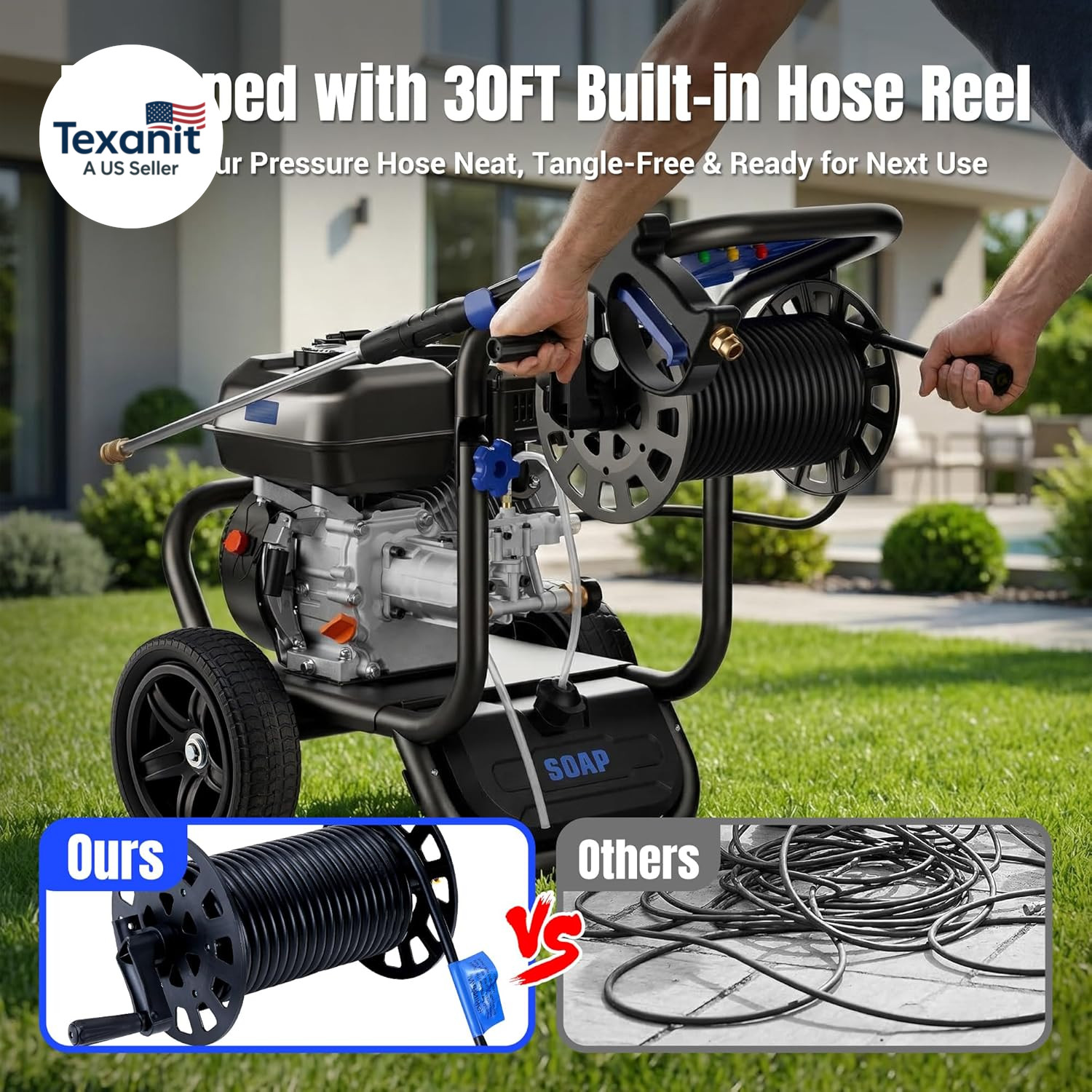 Gas Pressure Washer 3600 PSI with Hose Reel, 2.3 GPM Heavy Duty High Power Washe