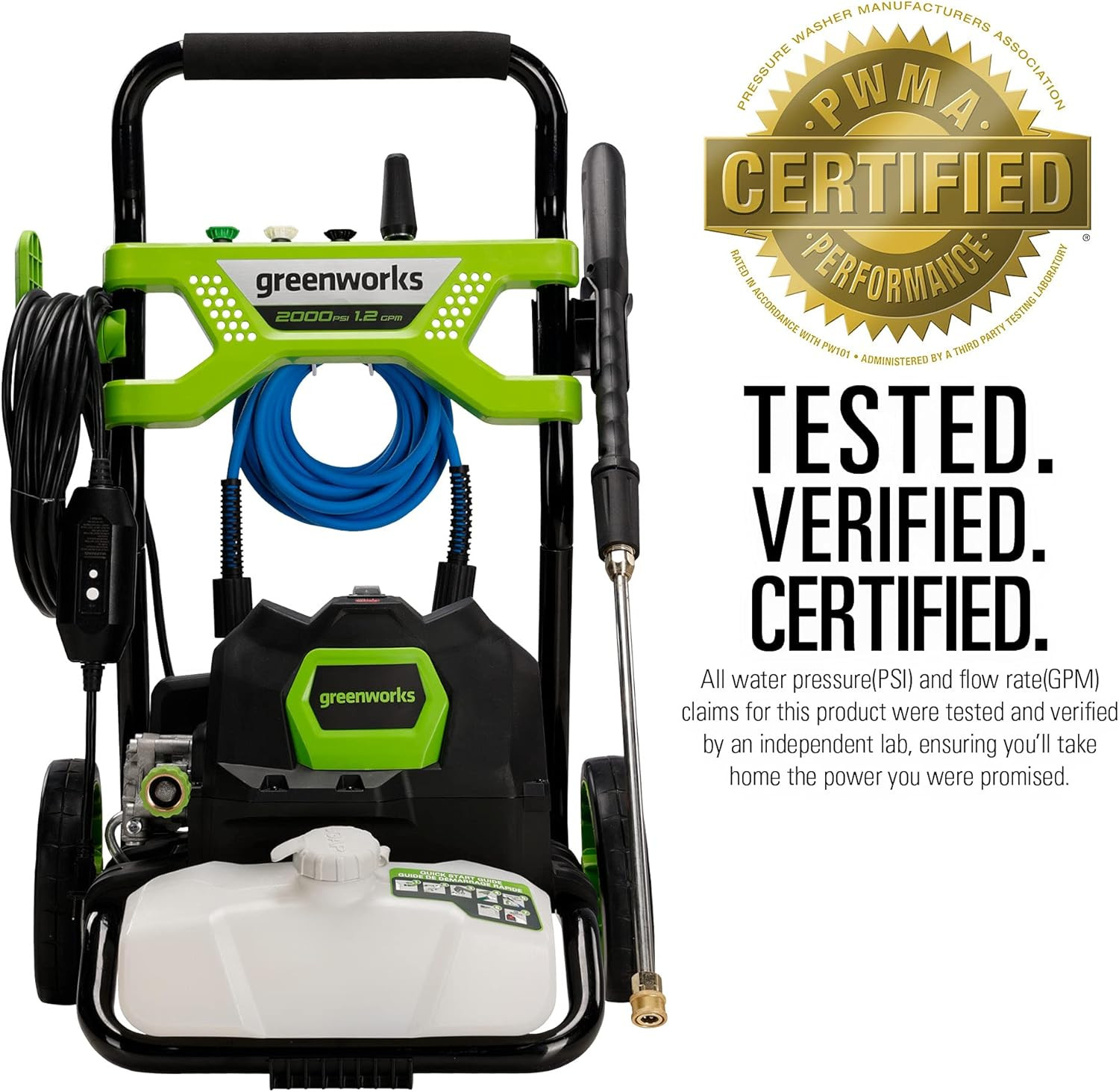 2000 PSI (1.2 GPM) Electric Pressure Washer, Steel Wand, On-Board Soap Tank (25°