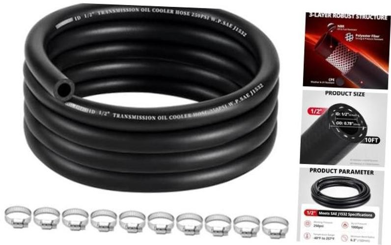 10FT Transmission Cooler Hose 10FT, SAE J1532 250 PSI Power Steering 1/2 10FT