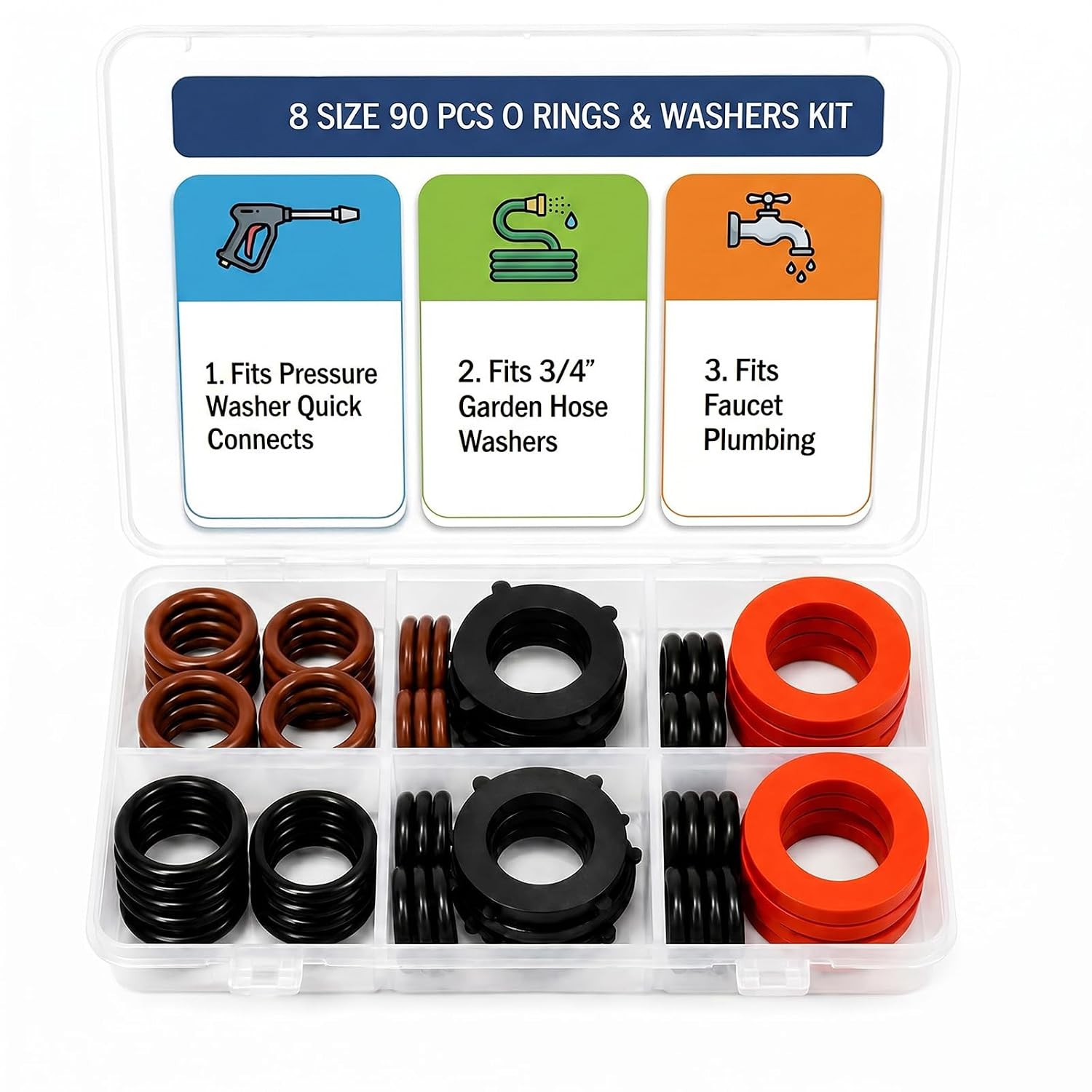 90 PCS 8 Sizes Rubber Garden Hose Washers Fits 1/4″ 3/8″ Quick Couplers