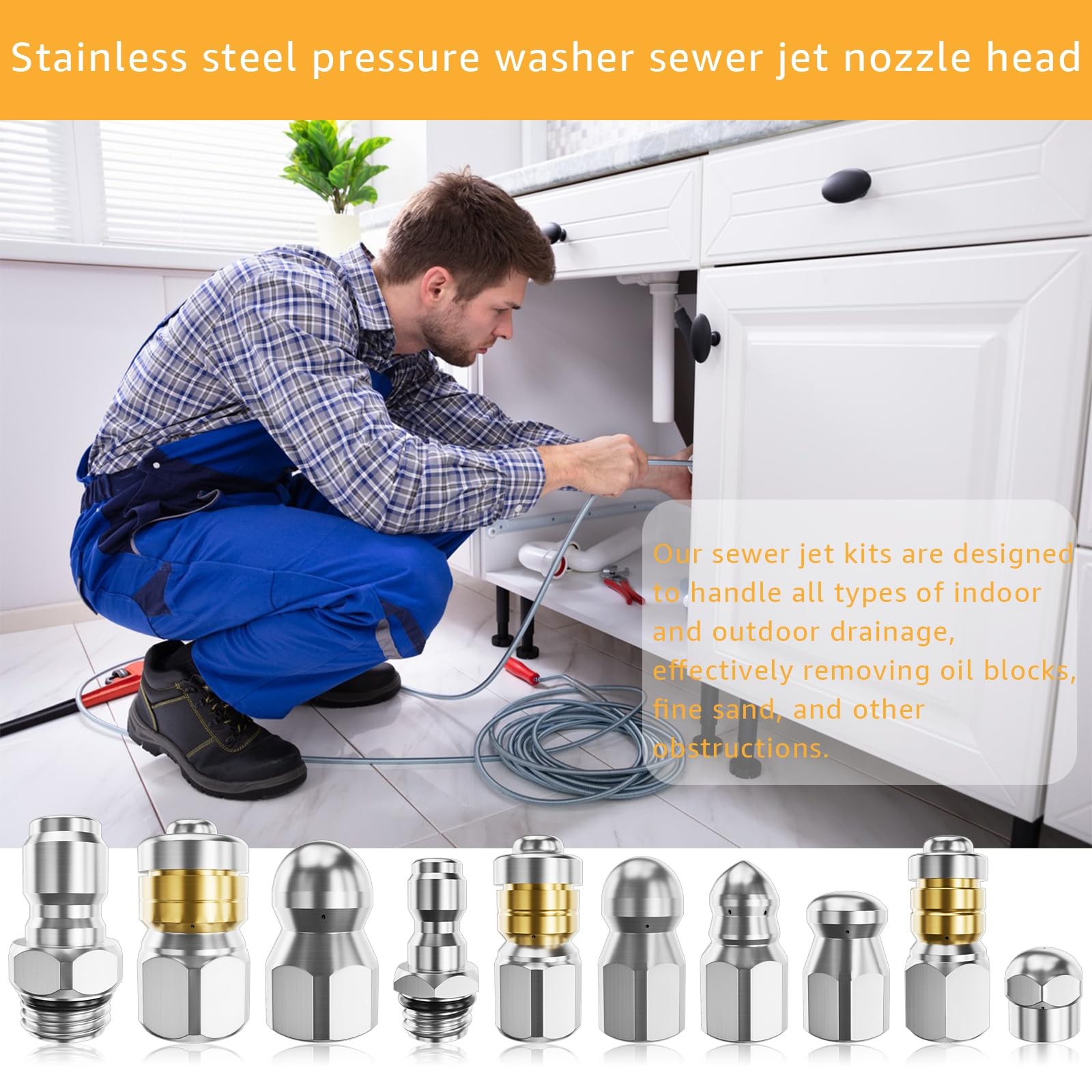 Jetter Heads Kit (Pack of 10) Jetter Nozzle Kit Rotating Button Drain Cleanin…