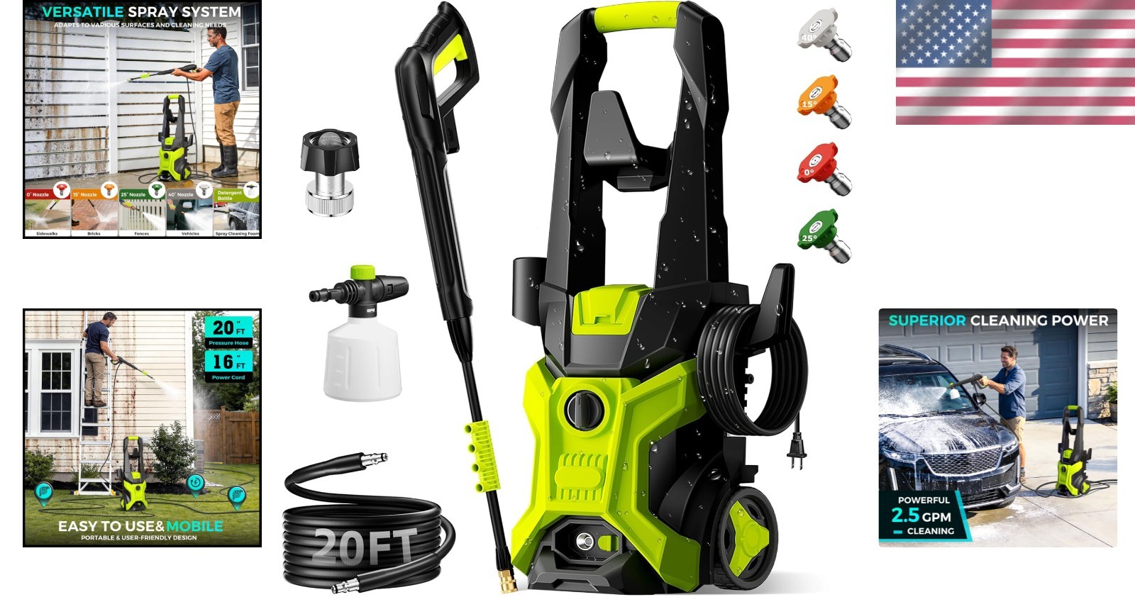 5000 PSI Electric Pressure Washer, 2.5 GPM Portable with Foam Cannon & Nozzles