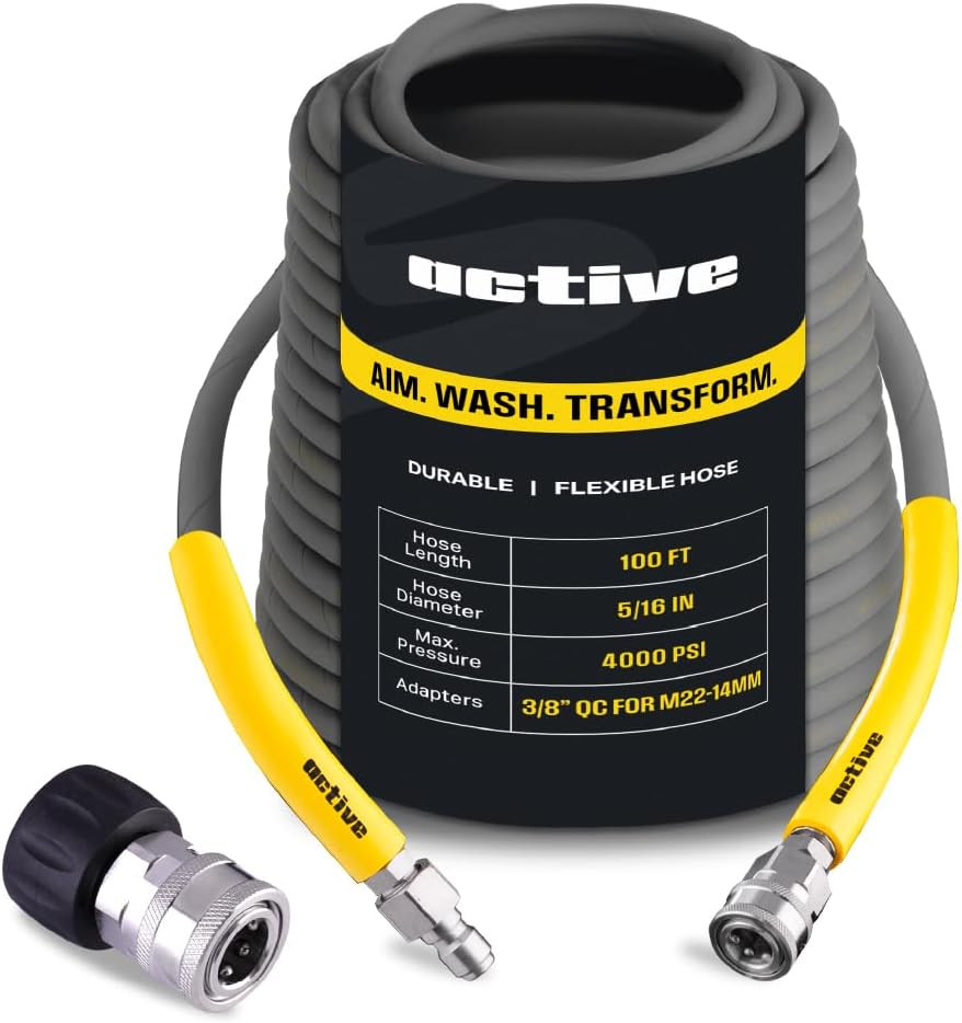 Active 100’ Pressure Washer Hose Compatible with Gas and Electric Pressure Washe
