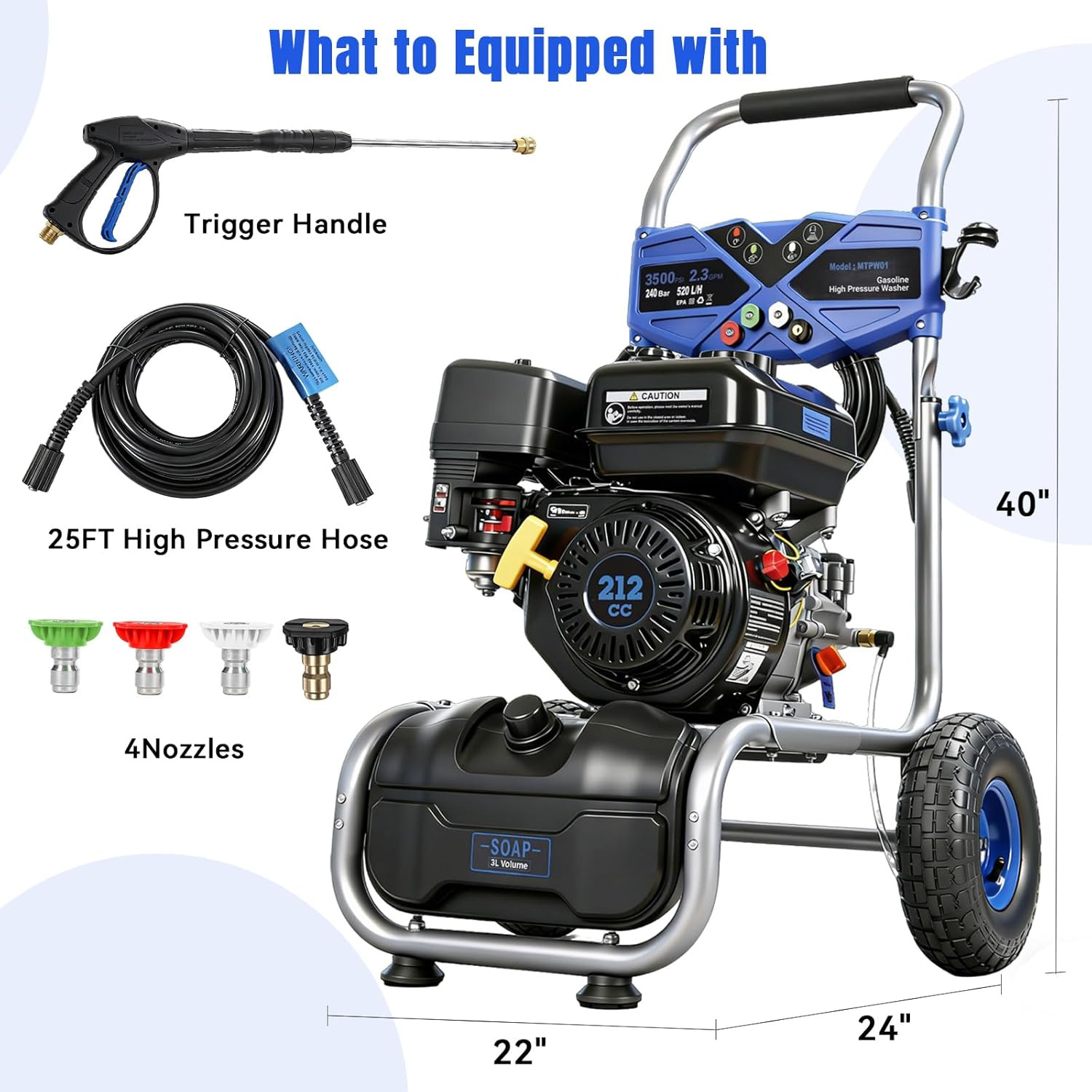 3500PSI Gas Pressure Washer, 212CC / 2.3GPM / 7HP / 4-Stroke Gas Power Washer wi