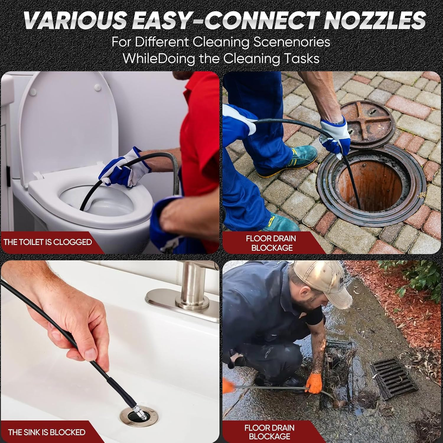 33FT Sewer Jetter Kit for Pressure Washer, 5800 PSI Drain Cleaning Hose with 5 J