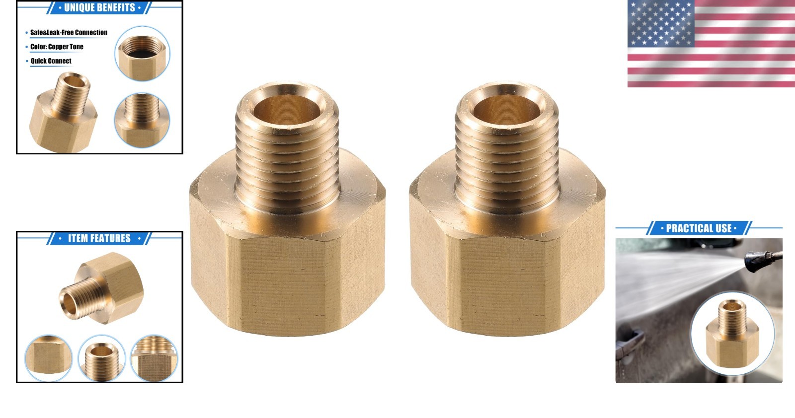 Pressure Washer Connector M22x1.5 to 9mm M14x1.5 Brass Adapter Copper Tone 1pc