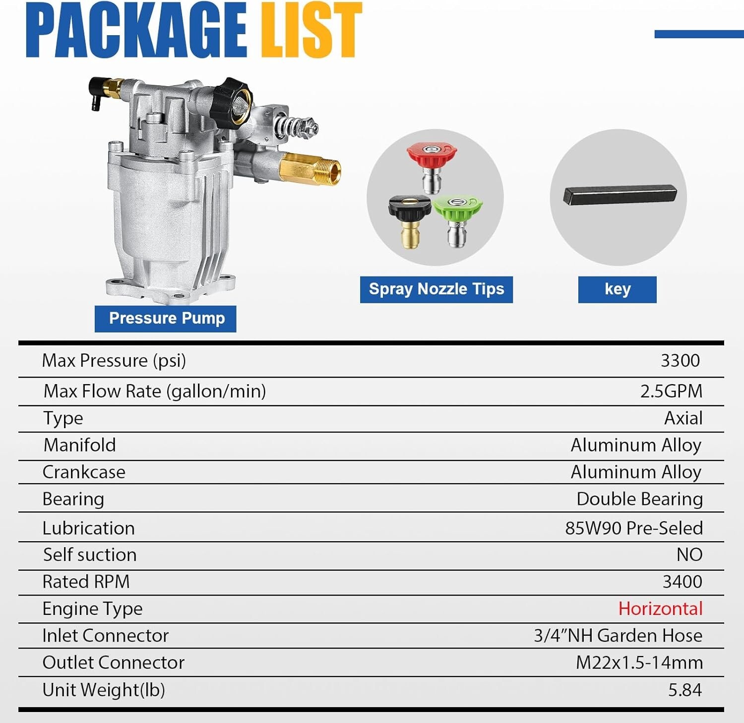 3/4″ Shaft Horizontal Pressure Washer Pump, 2600-3300 PSI @ 2.5 GPM – Power Wash