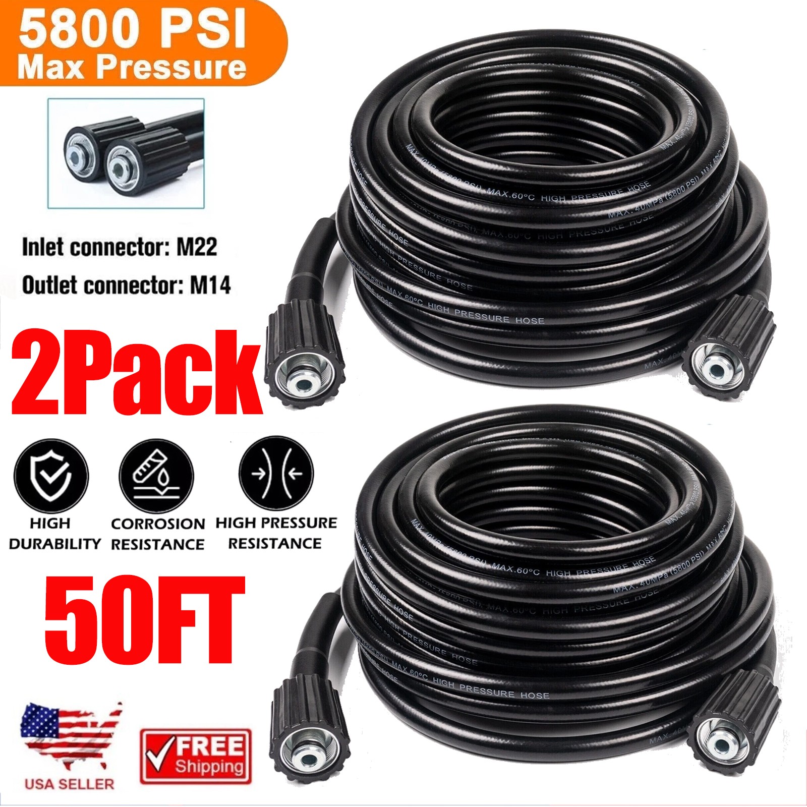 High Pressure Washer Hose 15M/50FT 5800PSI M22-14mm Power Washer Extension Hose