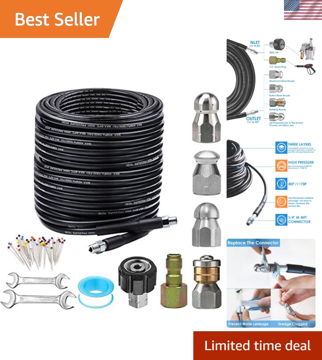 Sewer Jetter Kit for Pressure Washer 150FT, 5800PSI Drain Cleaner Hose 1/4 In…