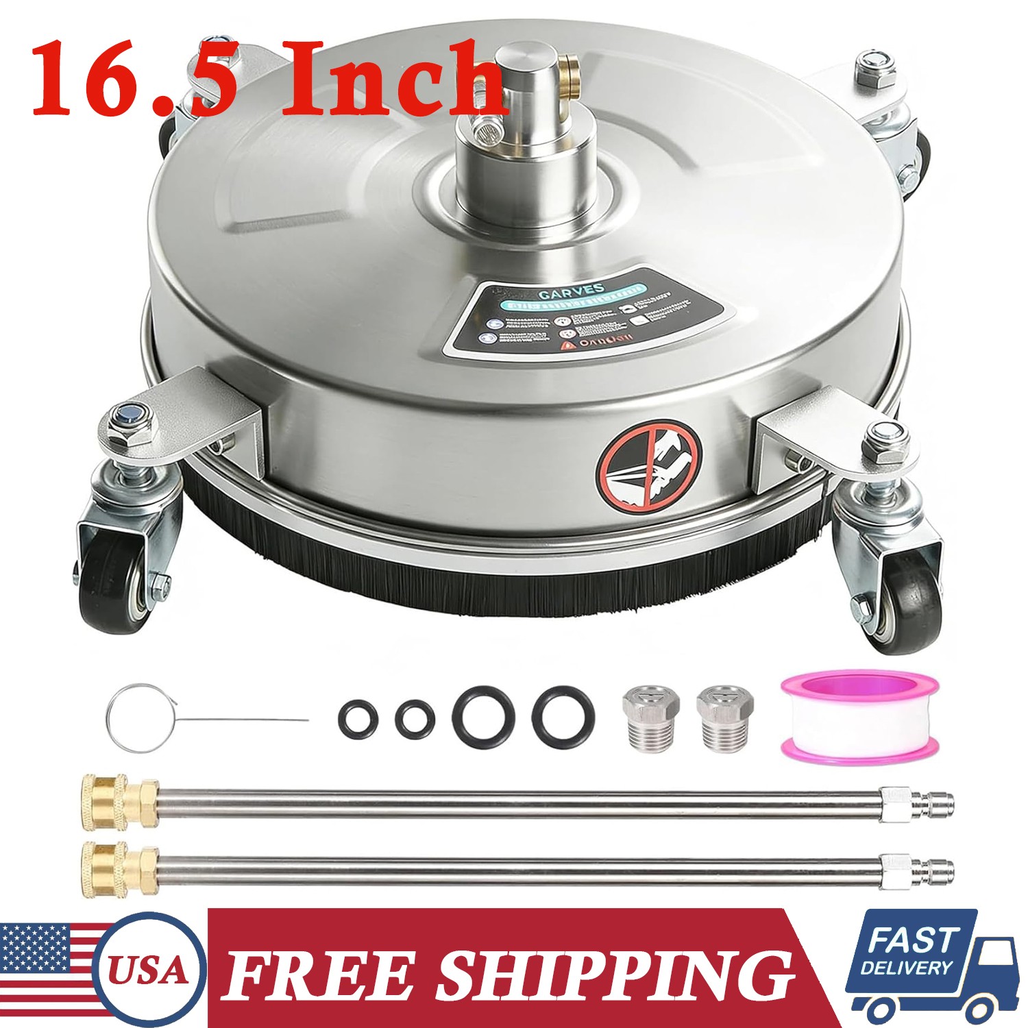 16.5” Patio Pressure Washer Surface Cleaner w/4 Wheels Stainless Steel 4000 PSI