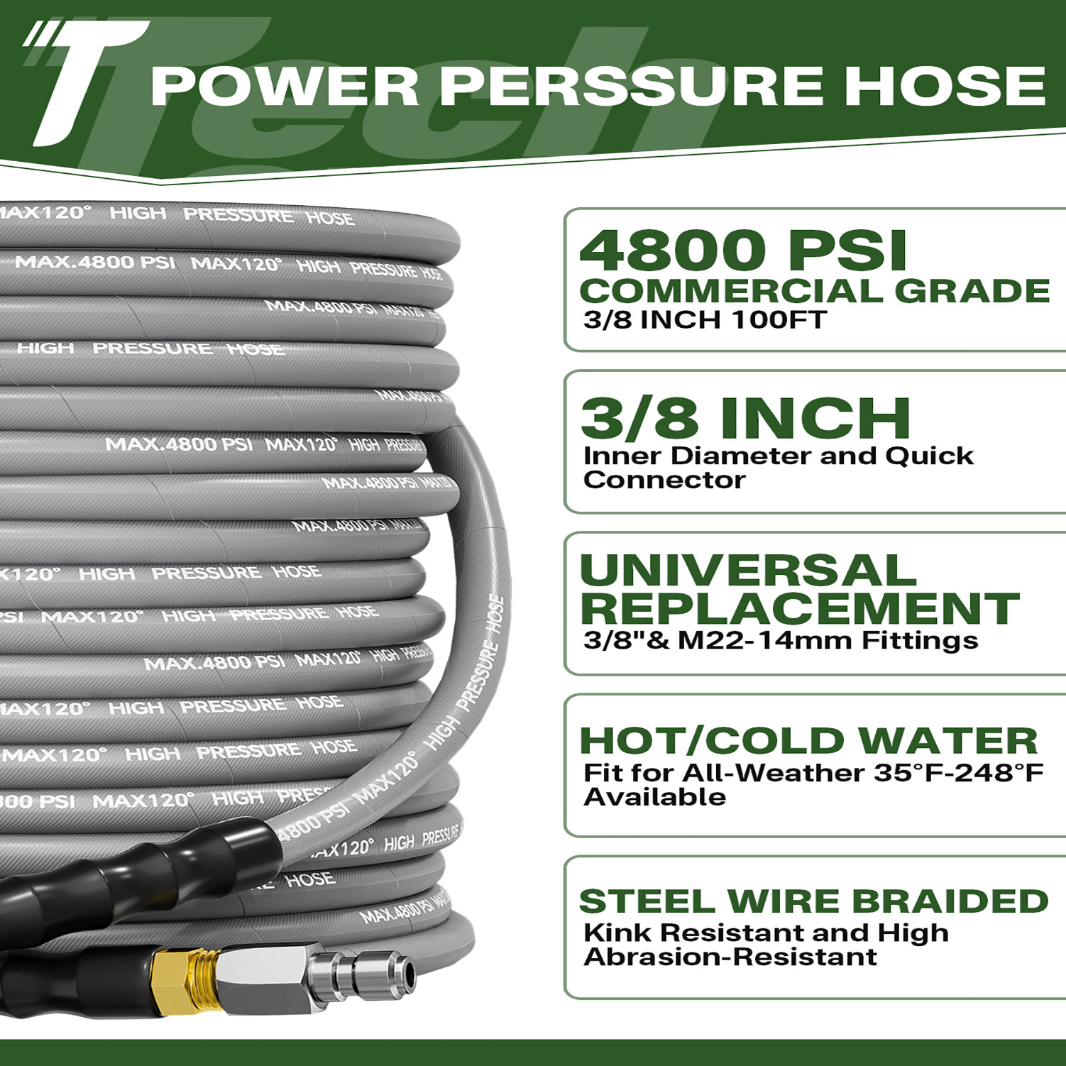 3/8″ 4800PSI Pressure Washer Hose 100FT with Swivel Quick Connect Max 248°F