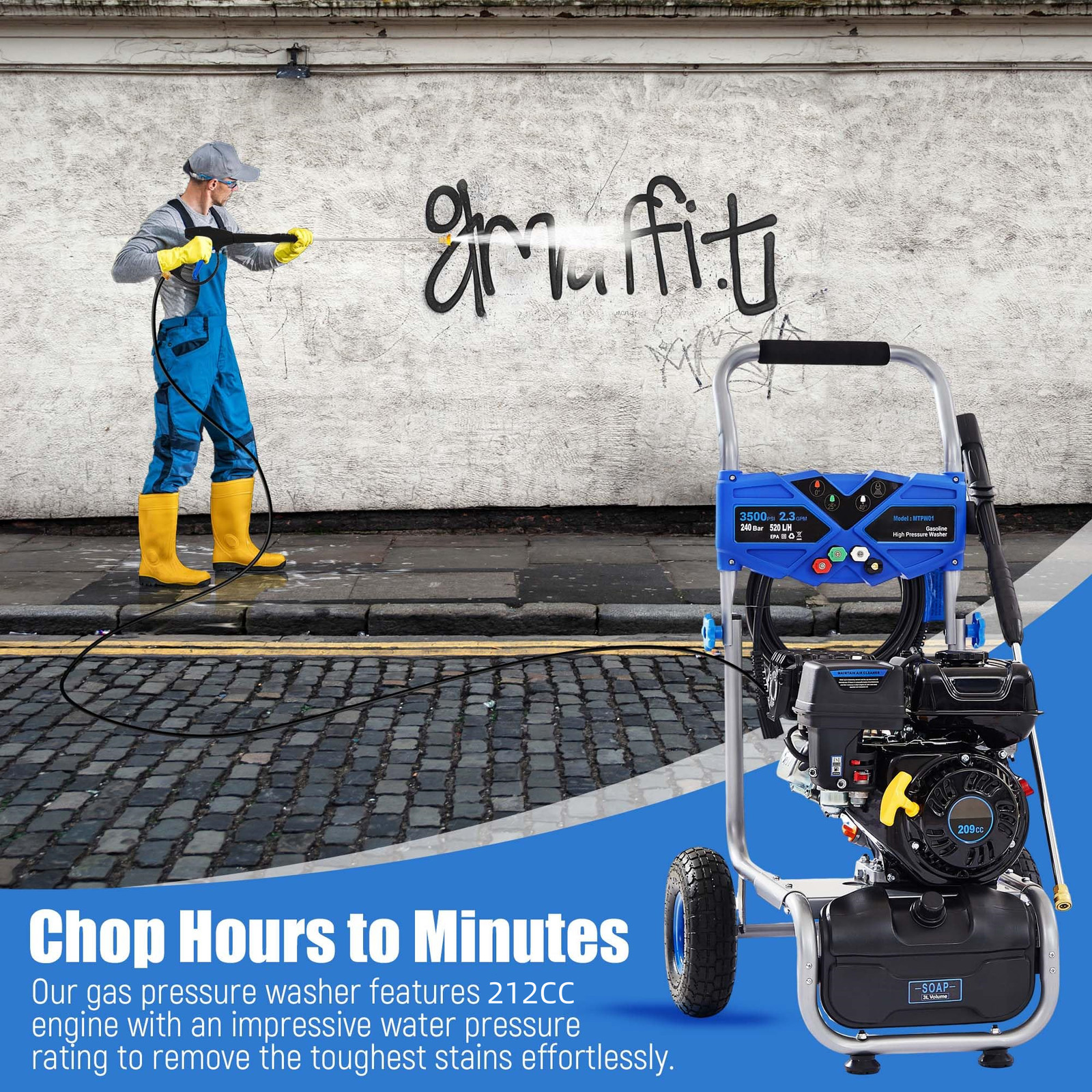 Efurden 3500 PSI Gas Pressure Washer 4 Nozzles Gas Powered Washer 2.3 GPM 209cc