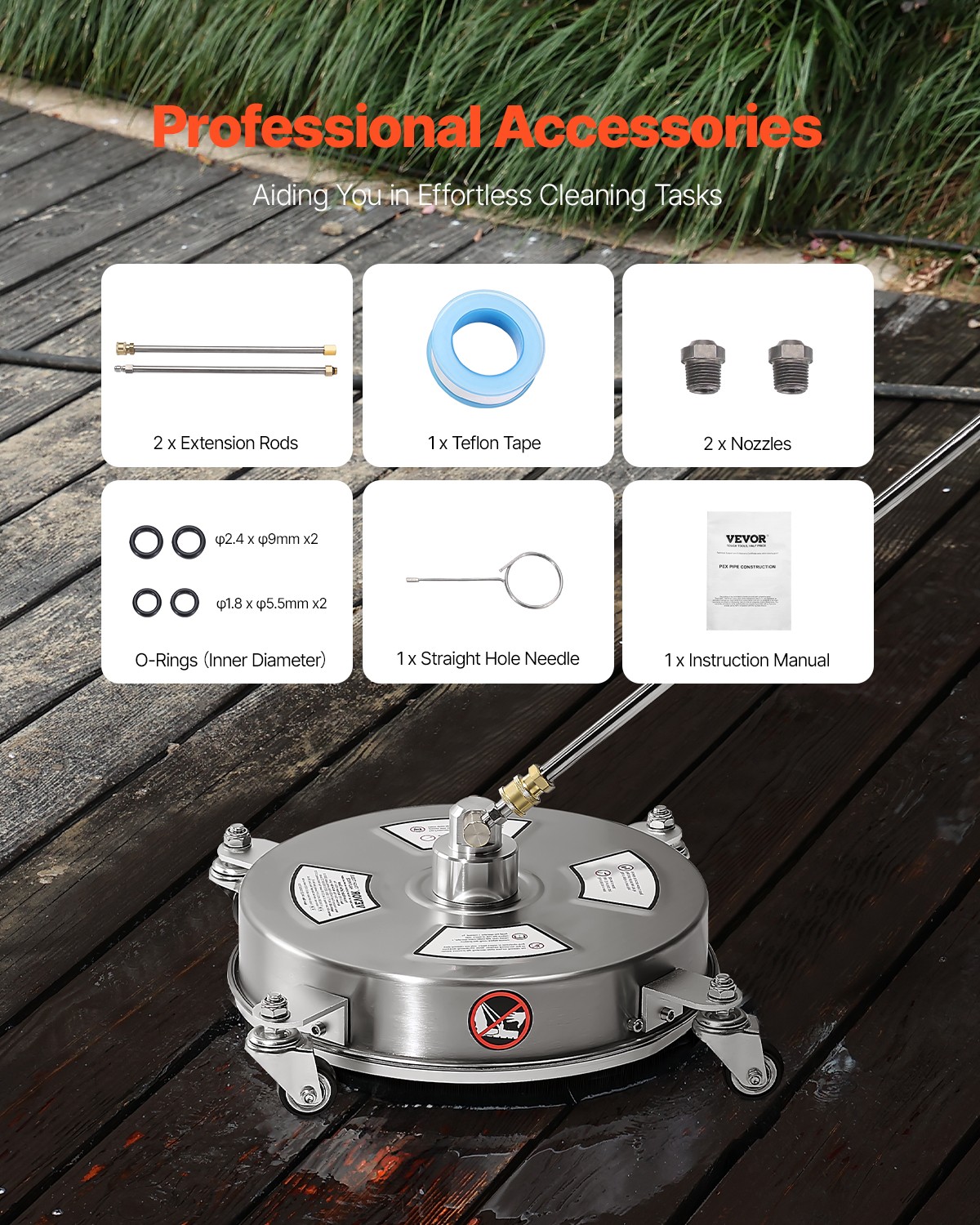 VEVOR 14″ Pressure Washer Surface Cleaner 4 Wheels 4000 Max PSI 2 Extended Wands