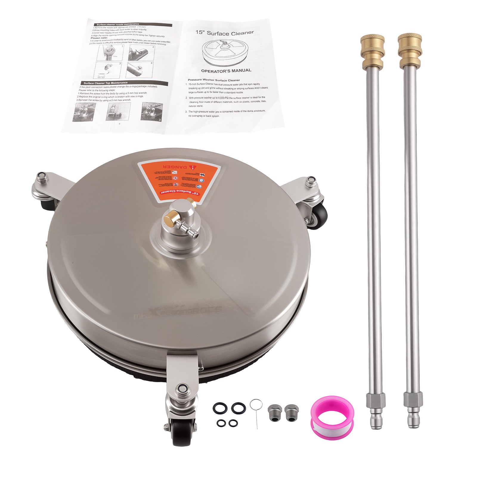 15in 4200PSI Pressure Washer Surface Cleaner Stainless Steel With Extension Rod