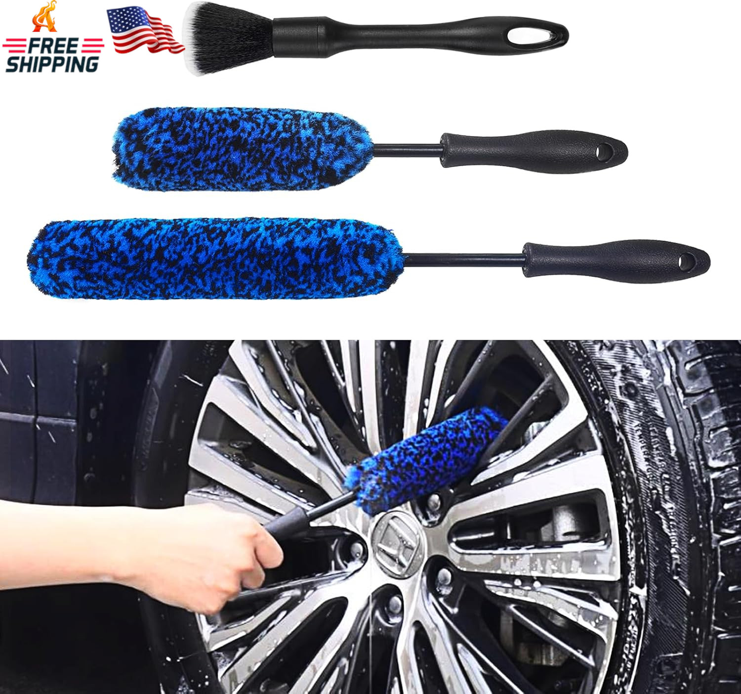 NIKCOSMK 3PCS Wheel Brush Kit for Cleaning Wheel and Tire, Wheel and Rim Brush,