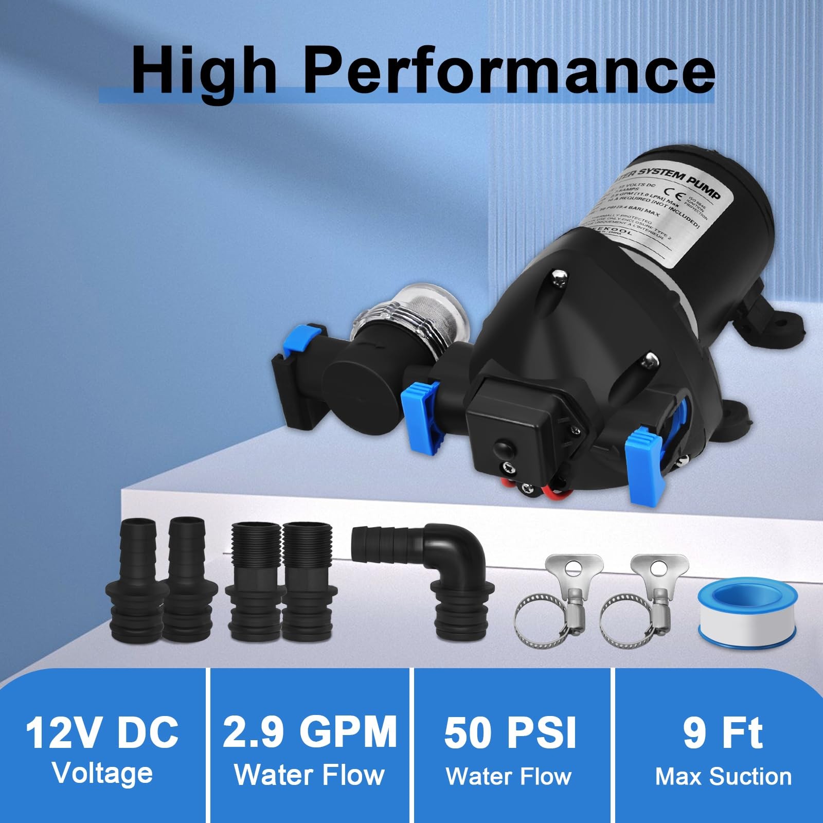 03526-144A 12V RV Water Pump Water System Pump, 2.9 GPM, 50 PSI Triplex Diaph…