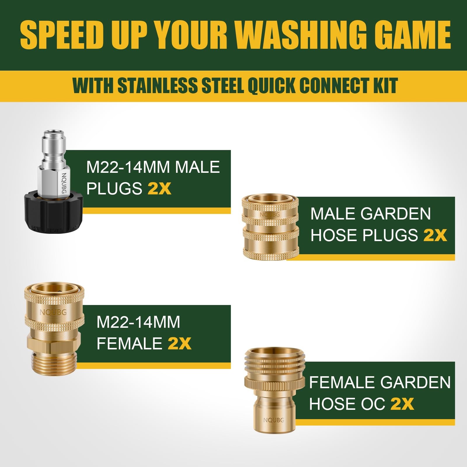 Pressure Washer Quick Connect Kit M22 14mm to 3/8” – Brass Adapter for Gas