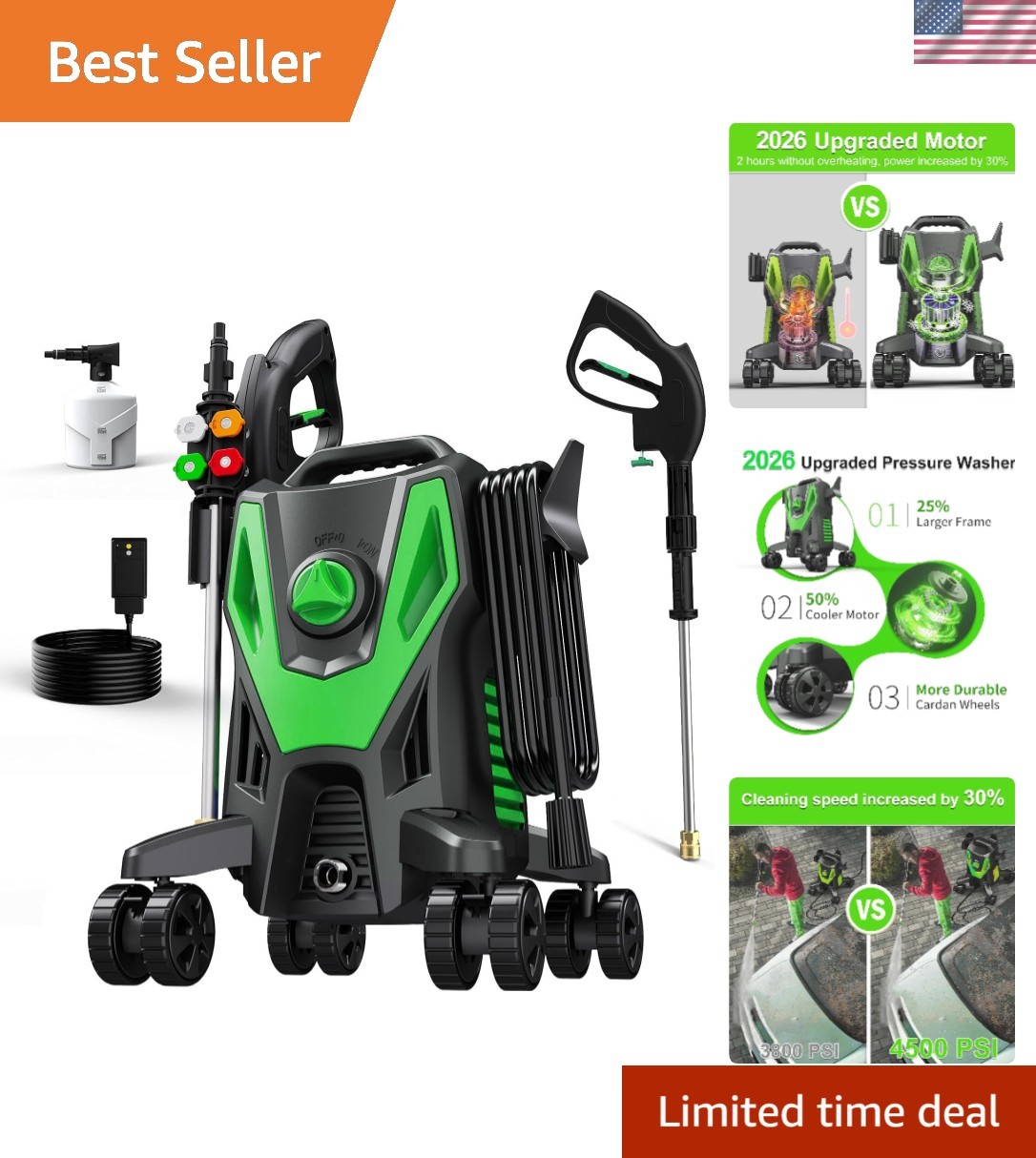 Eco-Friendly 5000 PSI Pressure Washer with 4 Quick Connect Nozzles & Foam Cannon