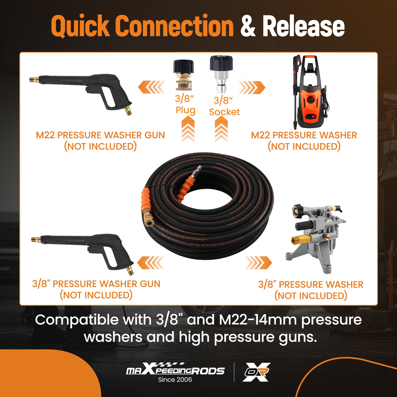 150FT Pressure Washer Hose 4800PSI Steel Wire Braid With 3/8″ M22-14mm Adapter