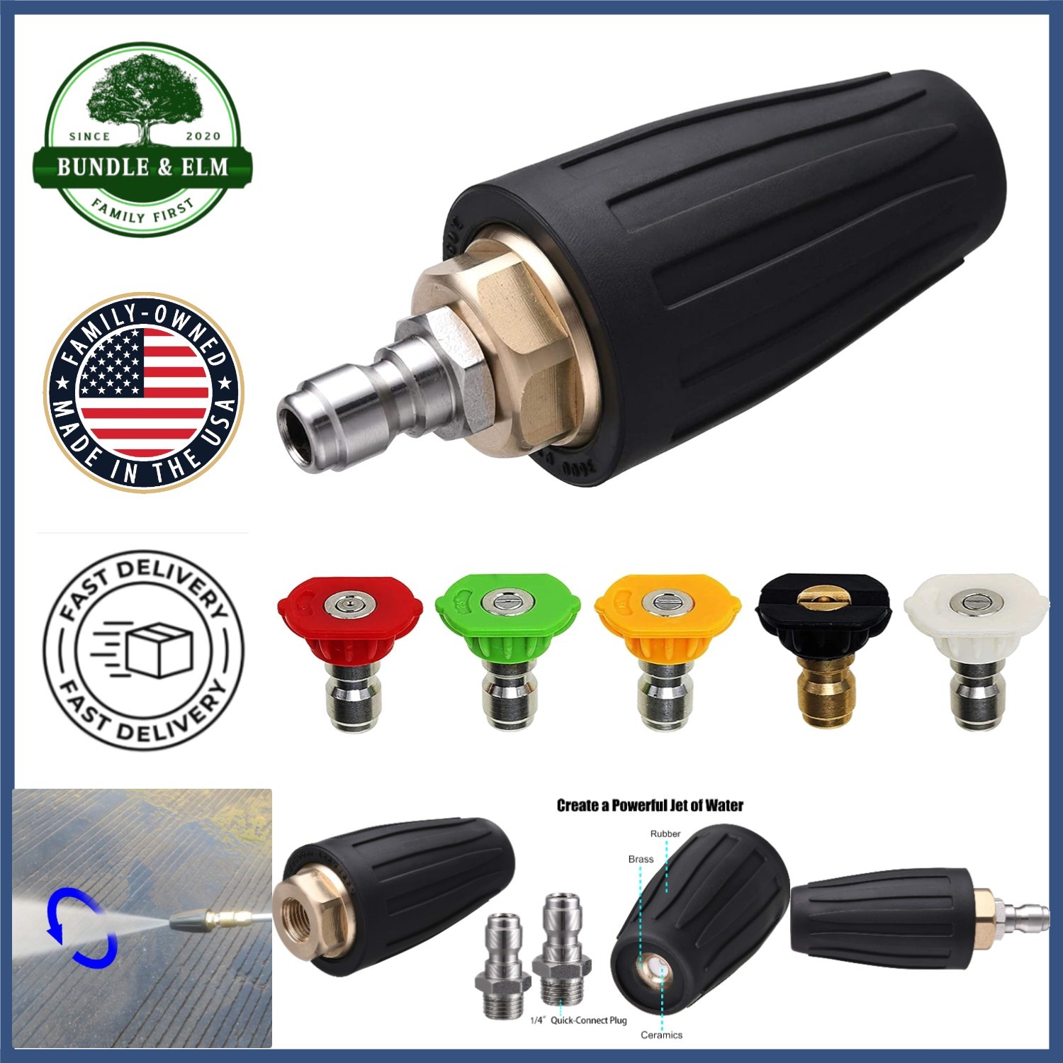 Powerful Pressure Washer Nozzle with Rotating Action and Quick Connect Fitting