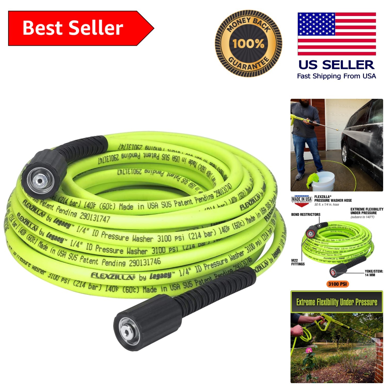 Heavy-Duty Flexible Hybrid Polymer Pressure Washer Hose – 3100 PSI M22 Fittings