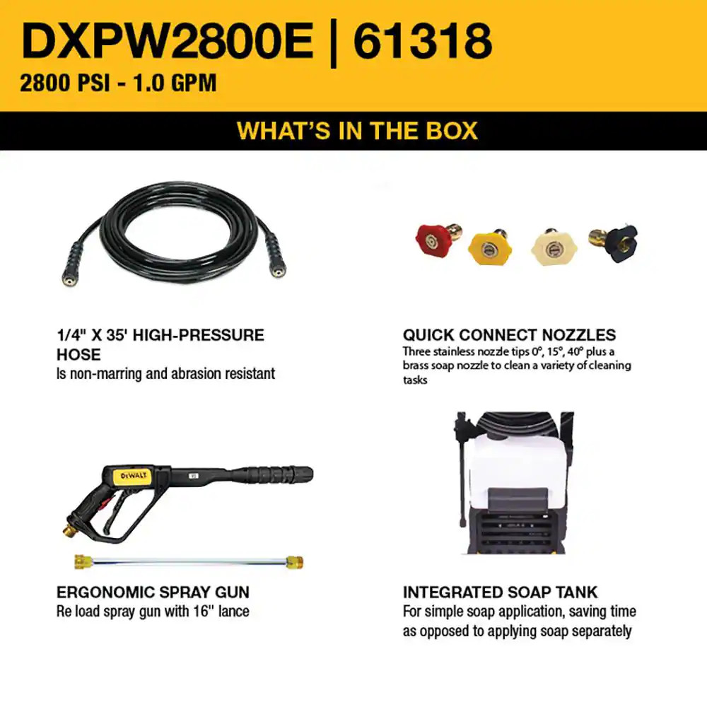 2800 PSI 1.0 GPM Electric Pressure Washer, Axial Pump, Soap Tank, Reliable Resid