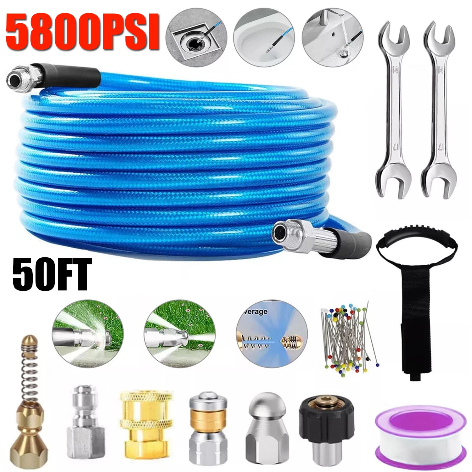 50FT 1/4″ M-NPT 5800PSI Drain Cleaner Hose Sewer Jetter Kit for Pressure Washer