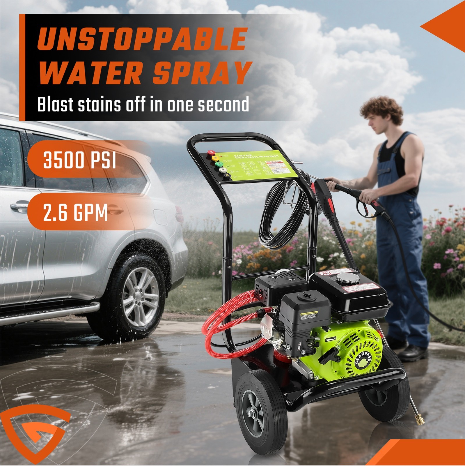 Power Petrol Pressure Washer Jet Wash 3500PSI 212cc 240Bar w/ 5 Nozzles 4-spoke