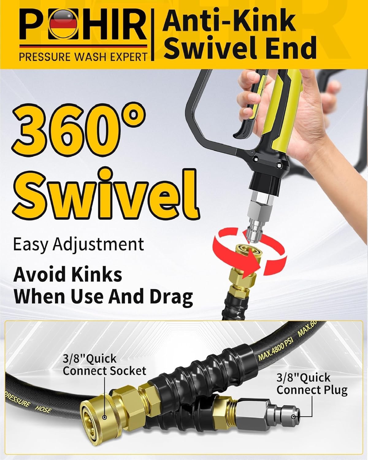 3/8″x50ft 4800PSI Pressure Washer Hose Steel Wire