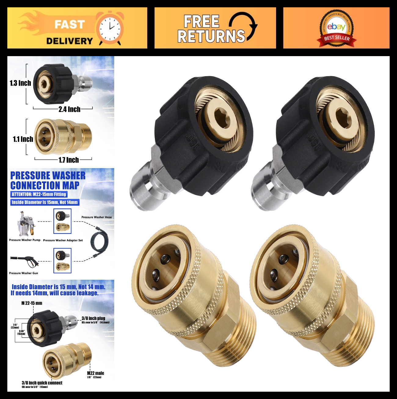 Pressure Washer Adapter Set, Quick Connect Kit, M22 15mm Female to Male Fitting,