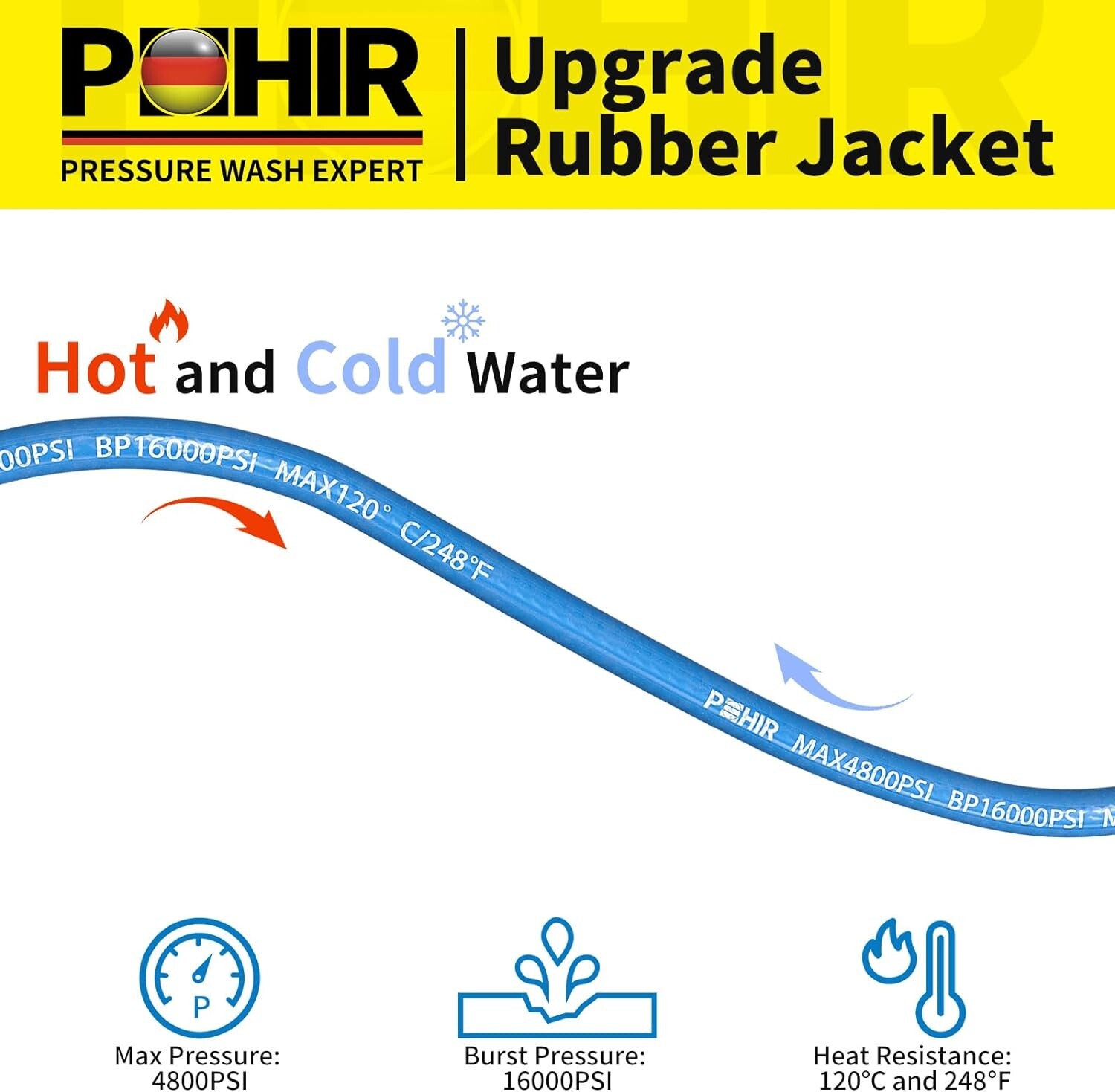 POHIR 100FT 3/8″ Pressure Washer Hose 4800PSI Flexible Power Wire Extension Hose