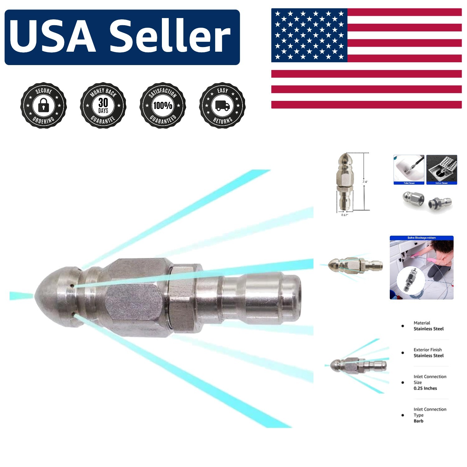 Compact Pressure Washer Sewer Jetter Nozzle with 1/4” Plug – 5000 PSI Strength