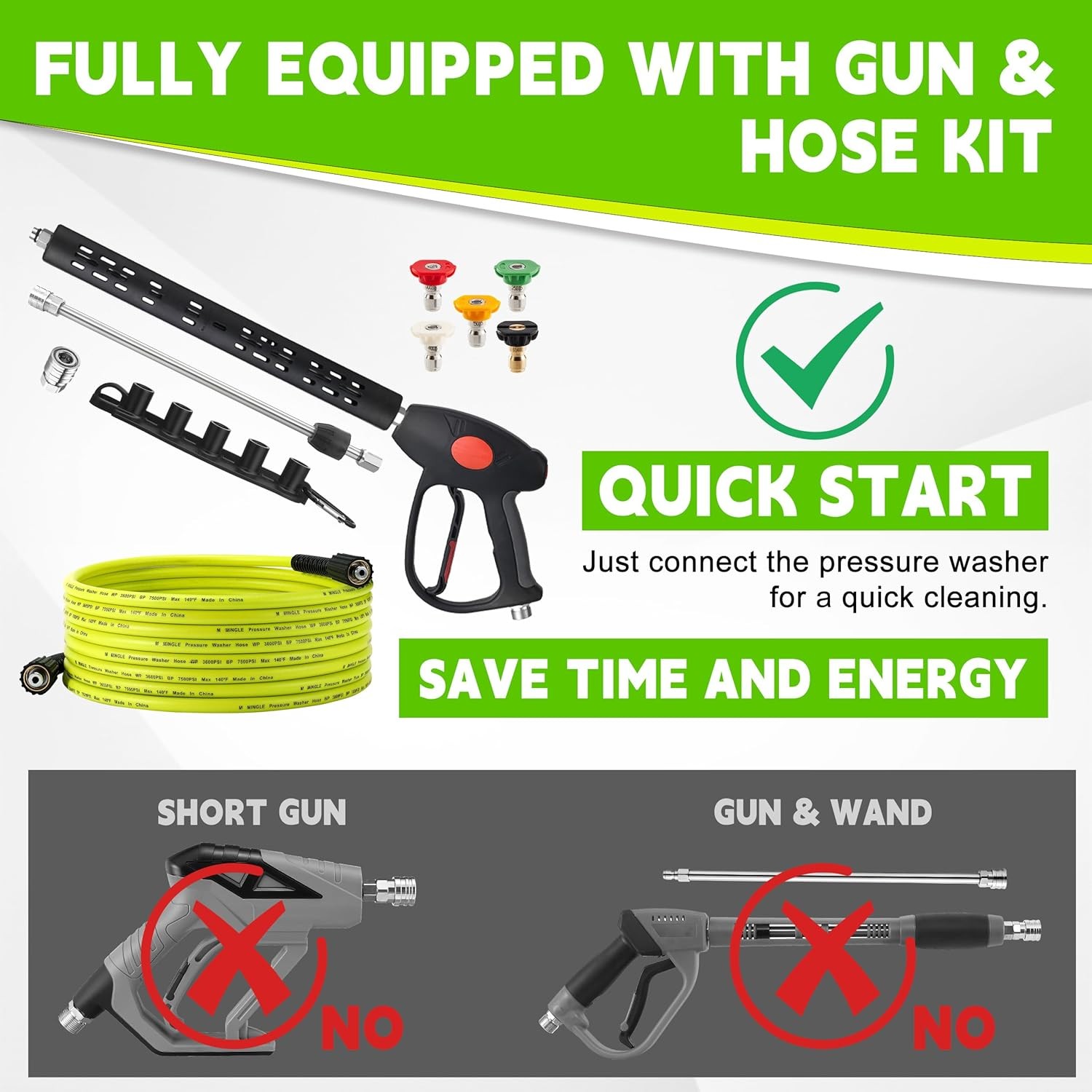 5000 PSI Pressure Washer Hose and Gun Kit, 25 FT, M22-14mm, 5 Nozzle Tips