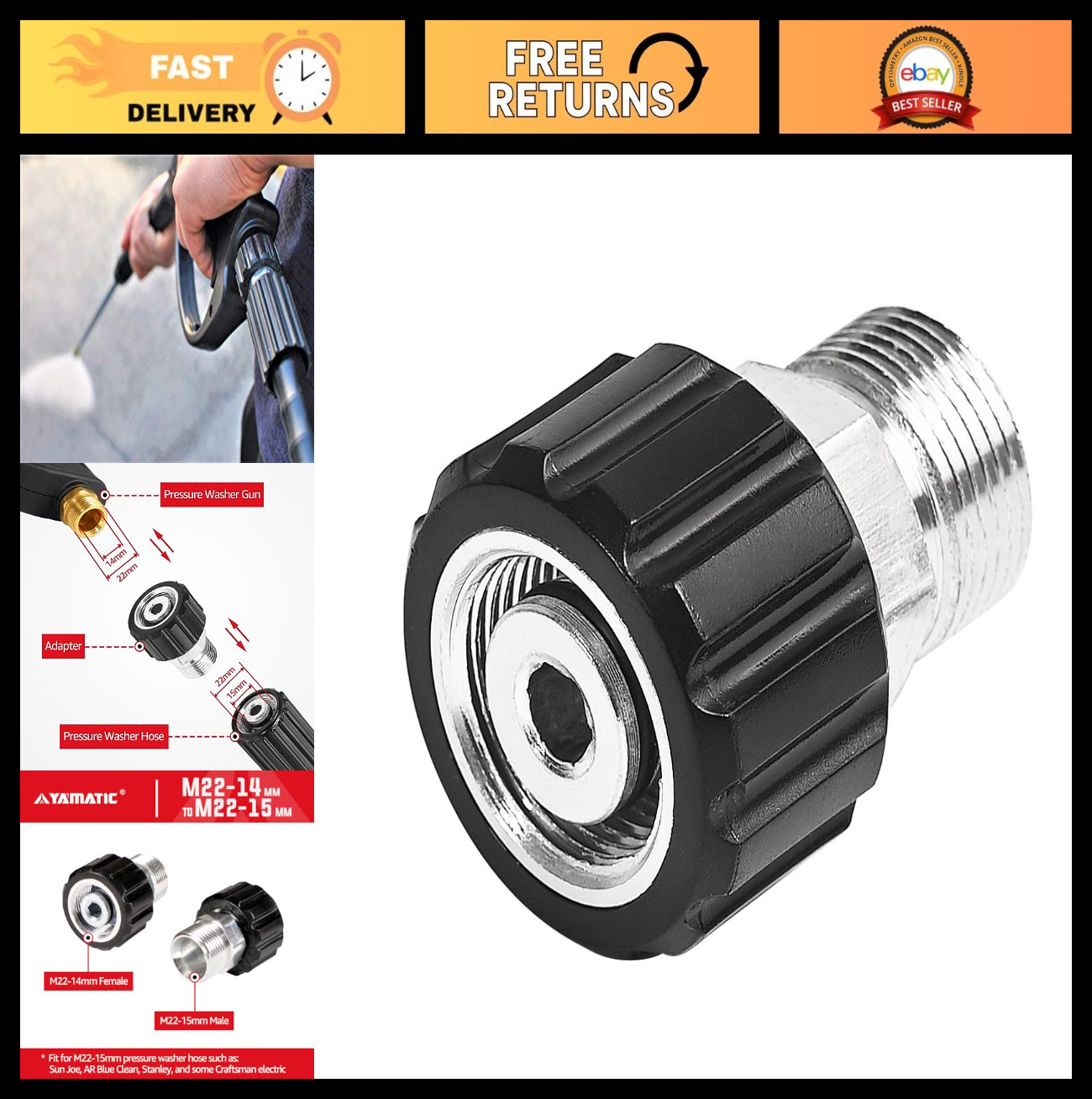Pressure Washer Adapter M22-14mm Female to M22-15mm Male Fitting, 4000 PSI