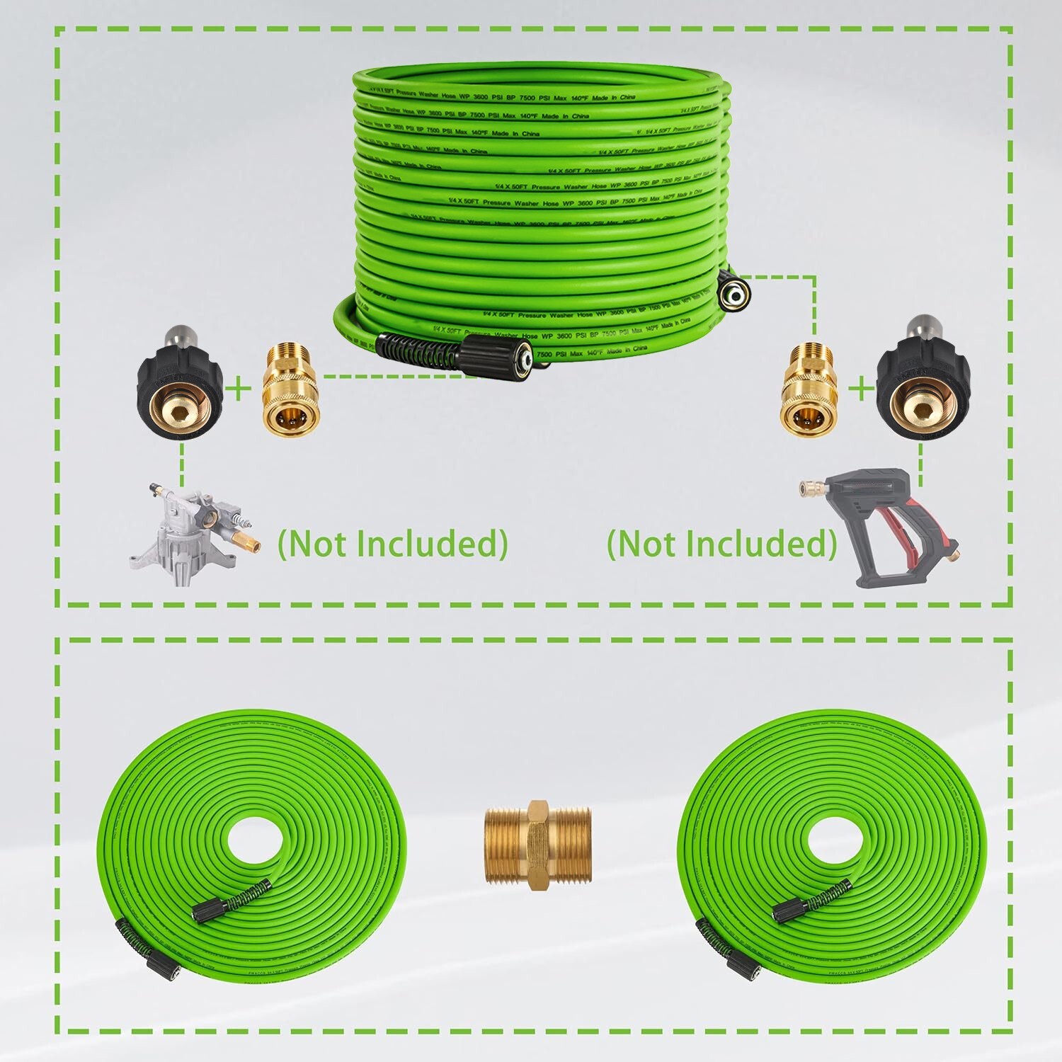 Super Flexible High Pressure Washer Hose 1/4″ M22-14mm & 15mm &3/8″ QC Adapters