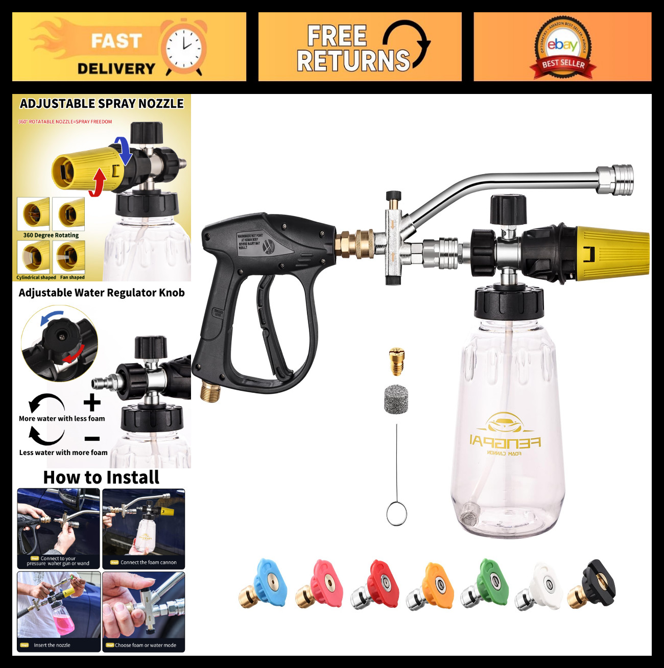 Pressure Washer Foam Cannon Kit – Dual Connector, 7 Nozzles, Adjustable Snow Foa