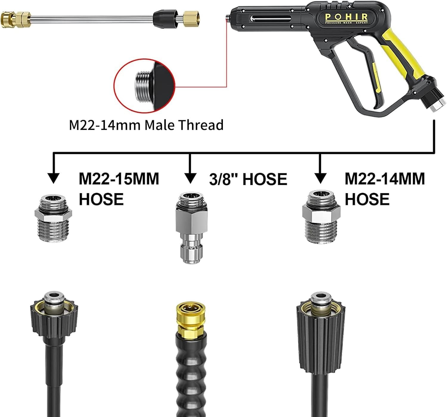 POHIR 3600 PSI Pressure Washer Gun 50FT Power Washing Hose and 15″ Wand M22
