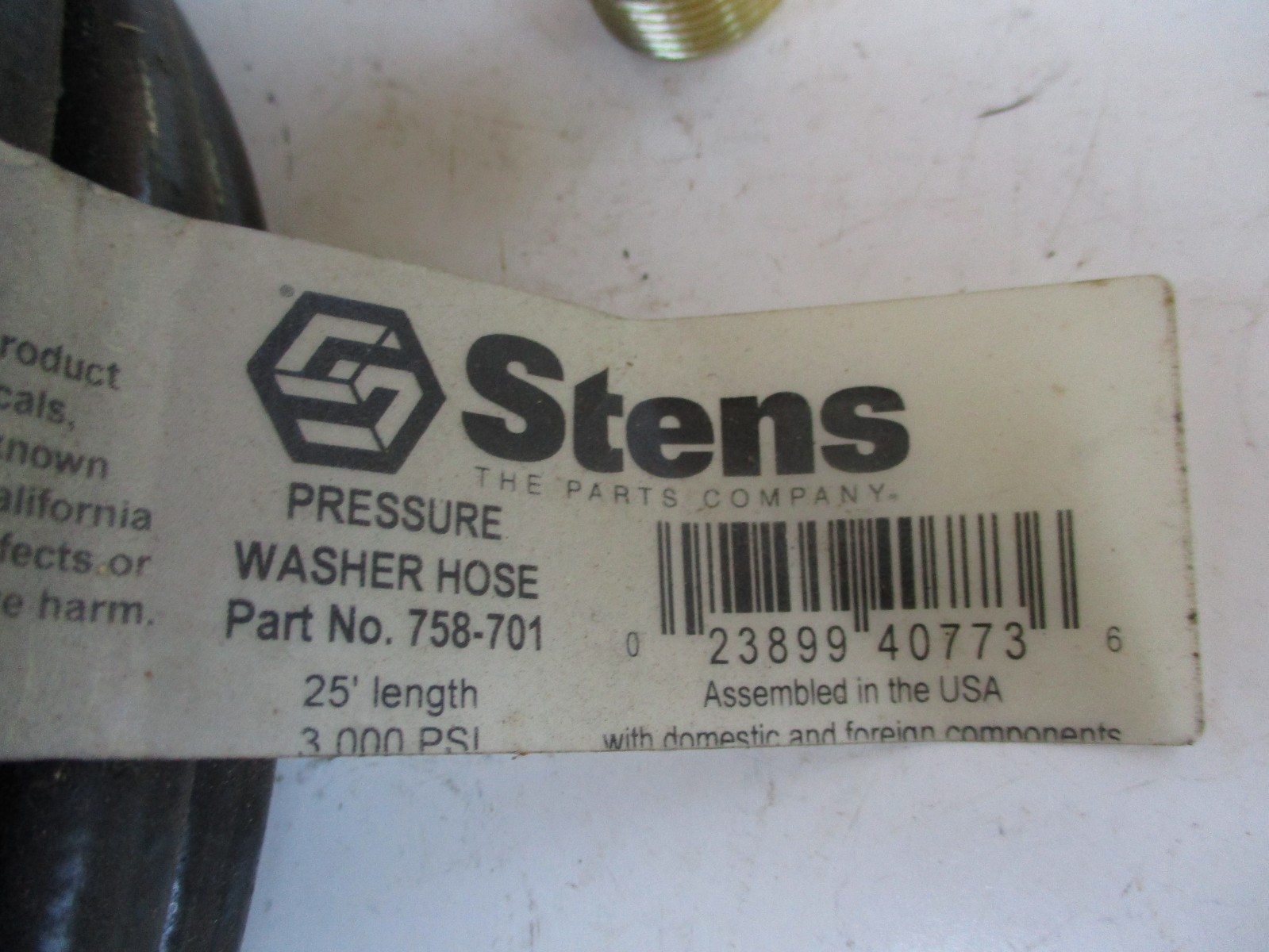 Stens 758-701 pressure washer hose 3000 PSI 25ft w/male adapter