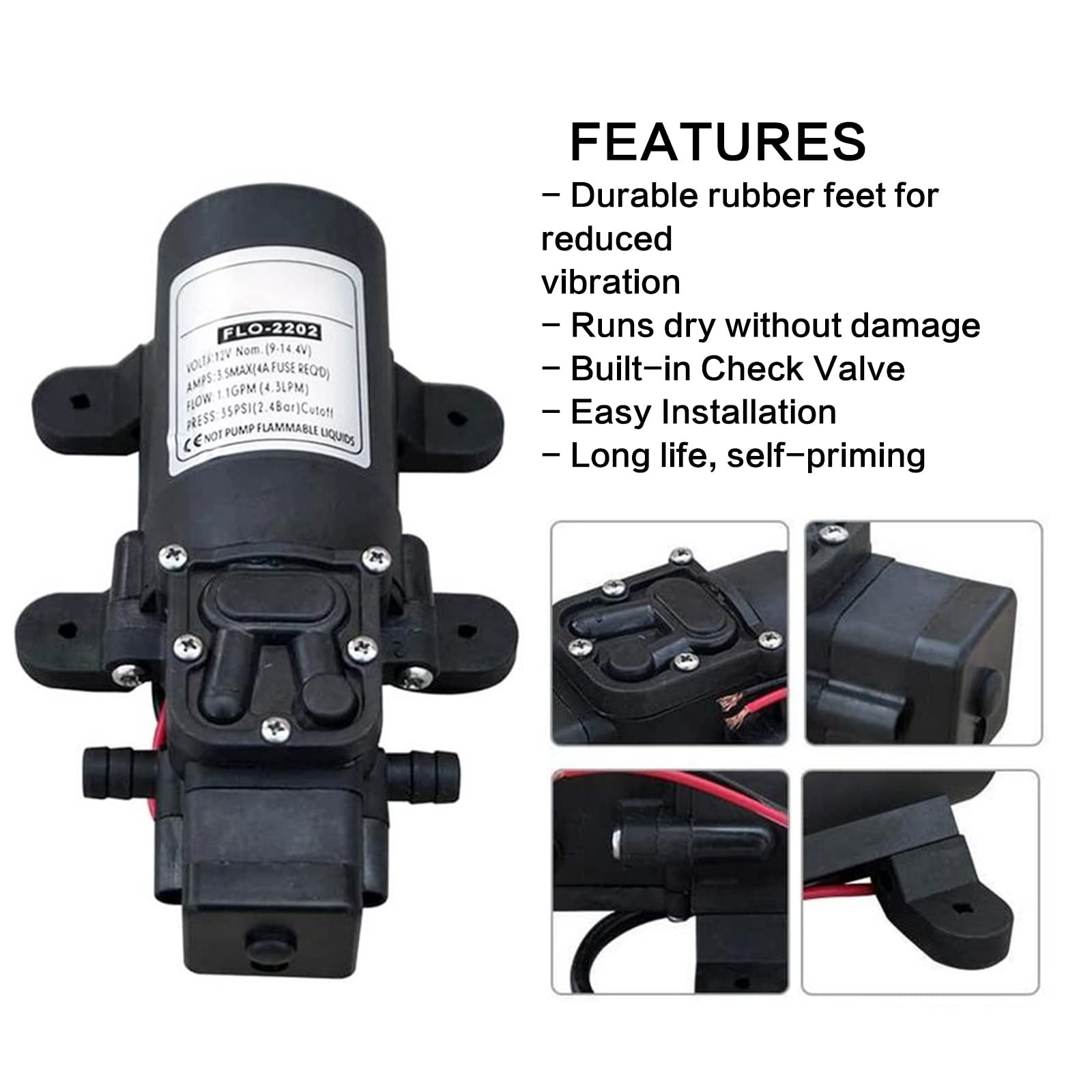 12V Water Pressure Diaphragm Pump Car Electric Water Pump 4.3 L/min 1.1 GPM 35 P