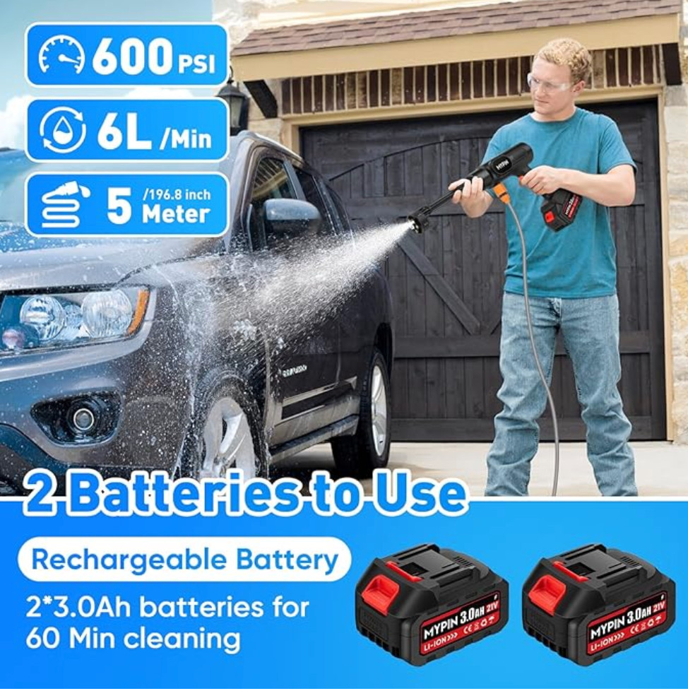 Portable Cordless Pressure Washer, 600 PSI 21V Rechargeable Two Batteries Powere