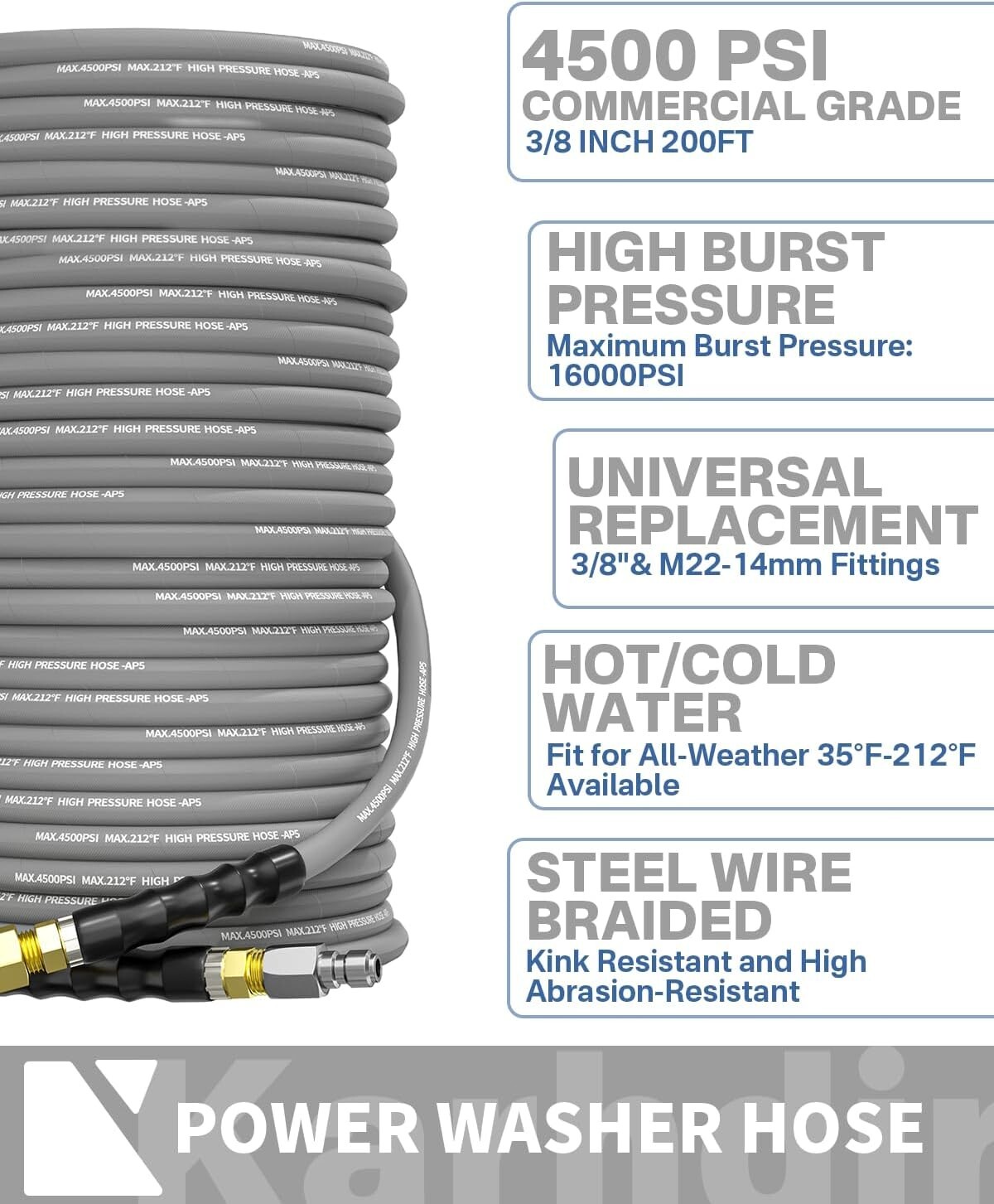 200FT 3/8″ Pressure Washer Hose 4500PSI Kink Resistant Hose M22-14mm Adapter