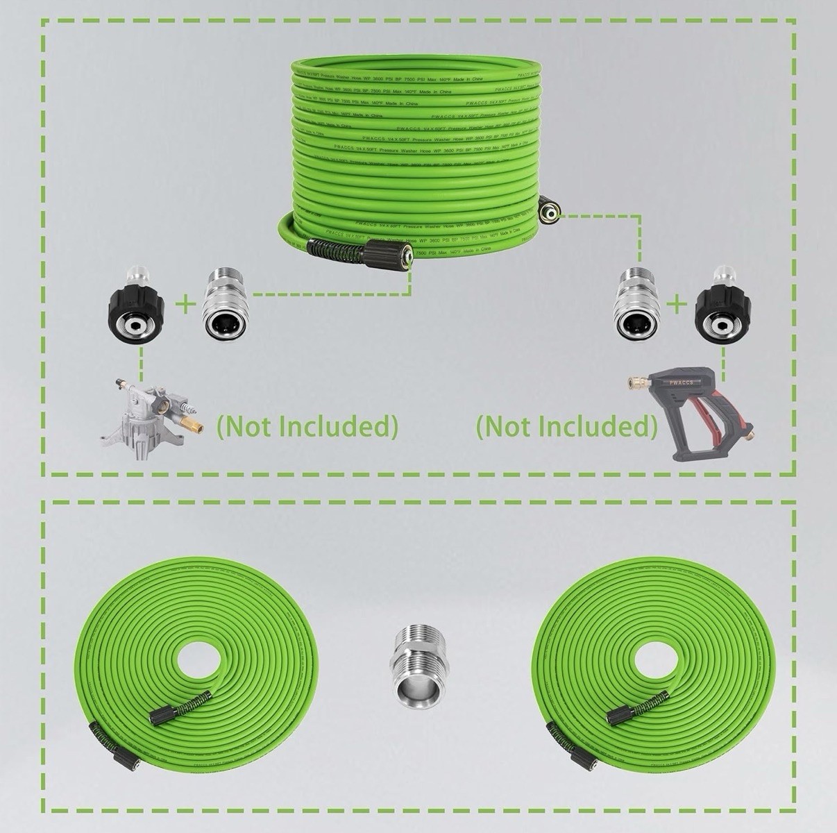 PWACCS Pressure Washer Hose 50 FT x 1/4″, Power Washer Hose Kink Resistant 3600