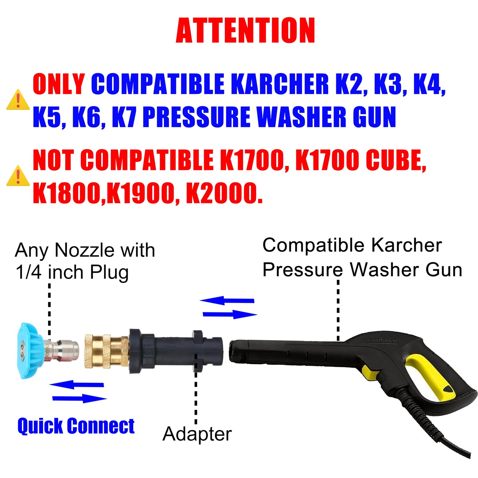 Pressure Washer Gun Adapter to 1/4″ QC, Compatible Karcher K2-K7