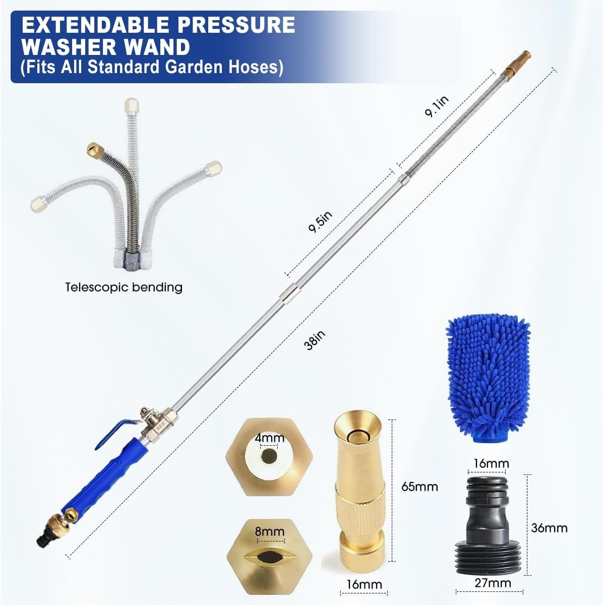 39″ High Pressure Power Washer Wand for Garden Hose, Flexible Jet Nozzle Sprayer